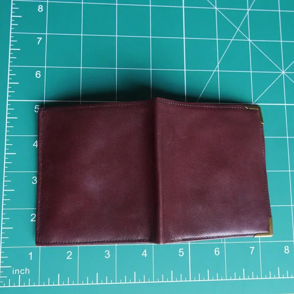 Vintage Burgundy Leather Wallet Brass Corner Guards Coin Purse ID Window